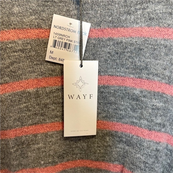 WAYF Where Are You From Mock Neck Tie Waist Sweater Light Grey Pink Stripe M New - Picture 5 of 6